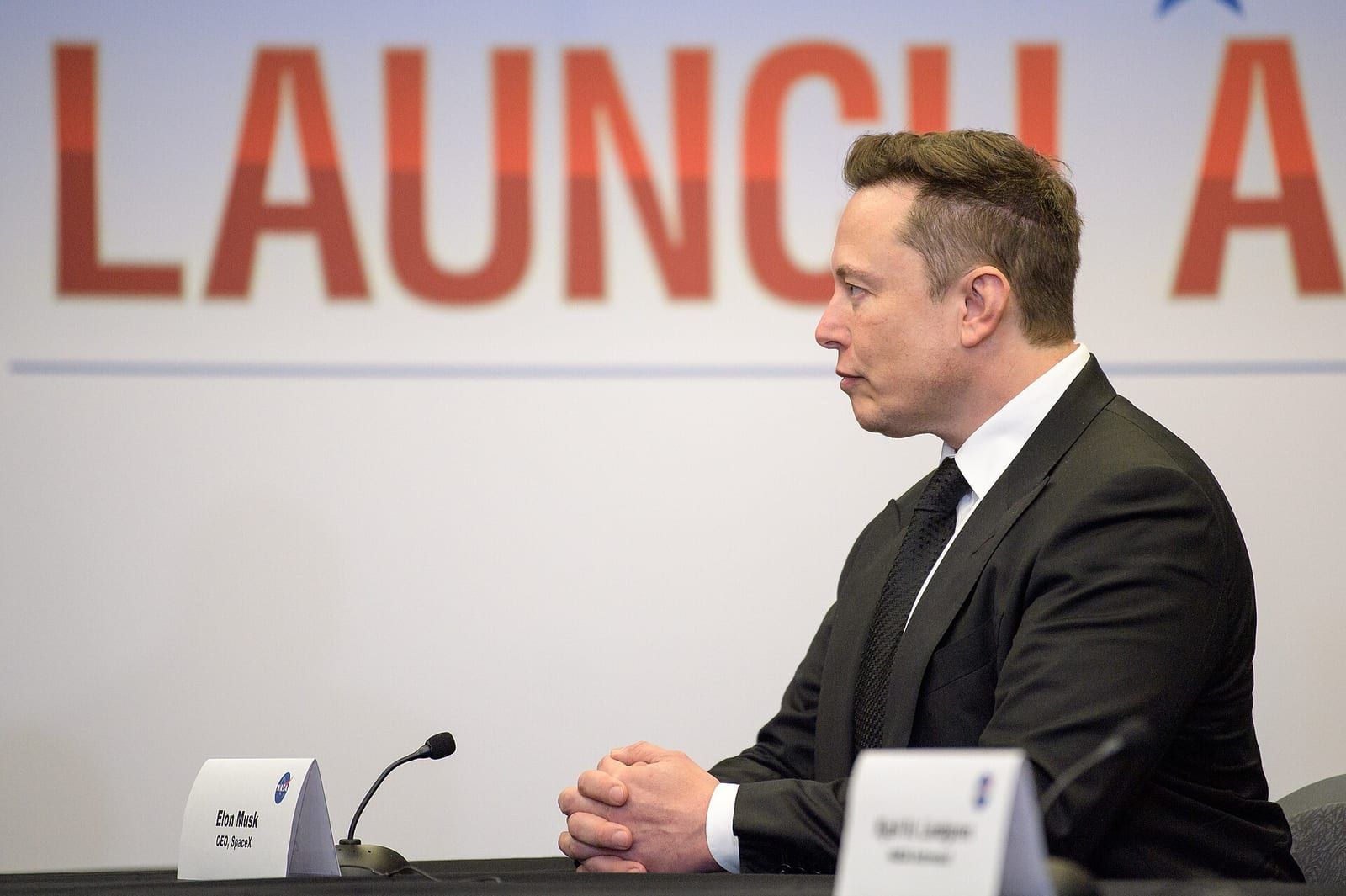 Elon Musk at the SpaceX Demo-2 preflight briefing, Kennedy Space Center, May 2020