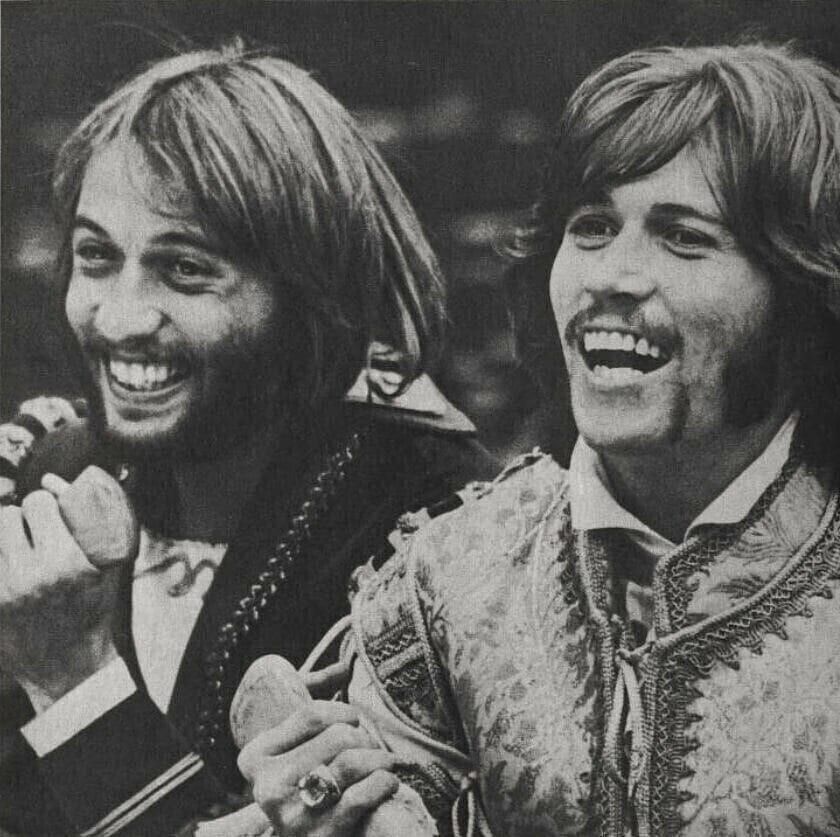 Maurice and Barry Gibb on the set of Cucumber Castle, 1970