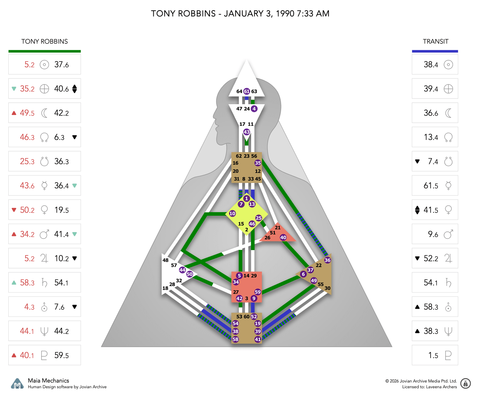 Tony Robbins's natal chart against the January 1990 Saturn Return transit