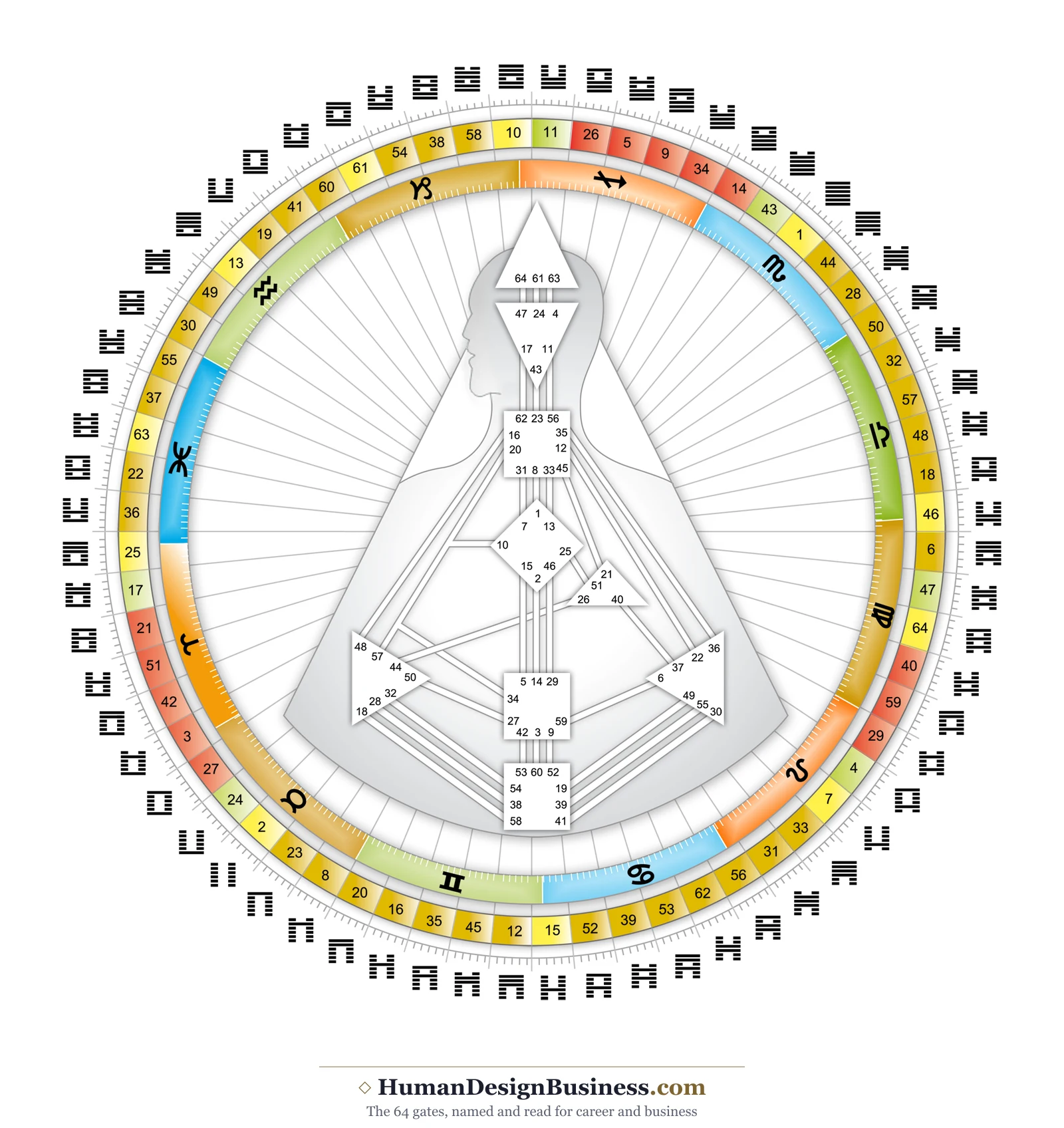 The Rave Mandala: the nine-centered bodygraph with all 64 gates in place, ringed by the zodiac wheel and the 64 hexagrams
